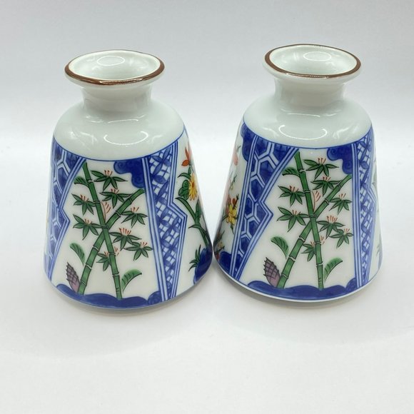 2 Floral Porcelain Japanese Flower Bud Vases Blue White Gold Toned Rim Small 4" - Picture 5 of 12